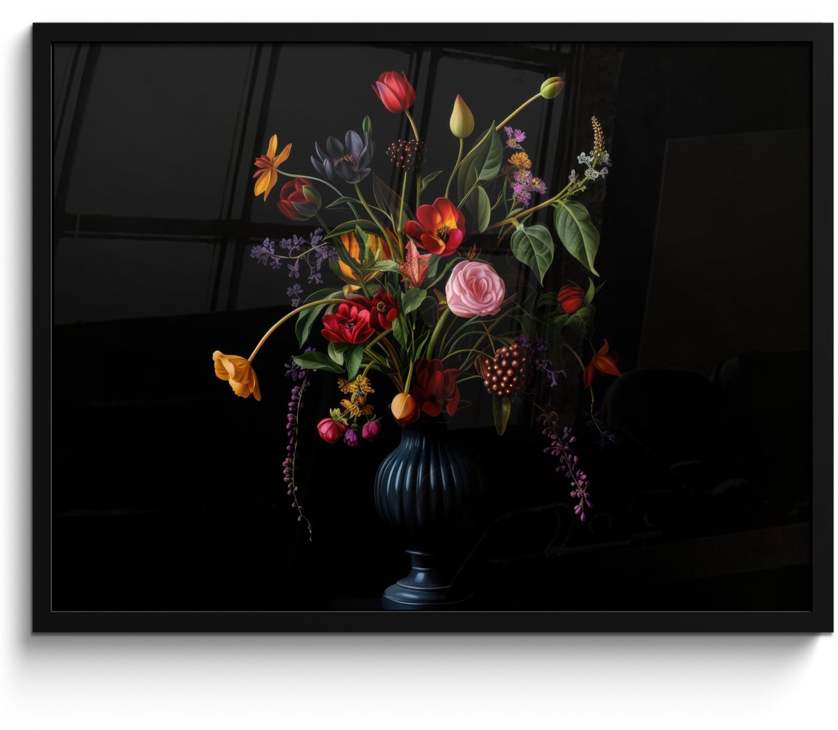 FrameYourWall Poster in lijst - Fotolijst 70x50 cm - Posters - Bloemen - Bessen - Klassiek - Posterlijst zwart - Decoratie - Wanddecoratie woonkamer - Muurdecoratie slaapkamer Boeket - Bloemen 1