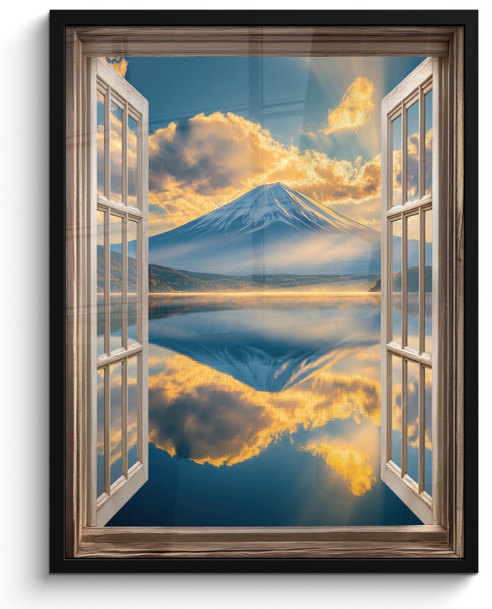 FrameYourWall Poster in lijst - Fotolijst 50x70 cm - Posters - Doorkijk - Landschap - Bergen - Uitzicht - Raam - Posterlijst zwart - Decoratie - Wanddecoratie woonkamer - Muurdecoratie slaapkamer