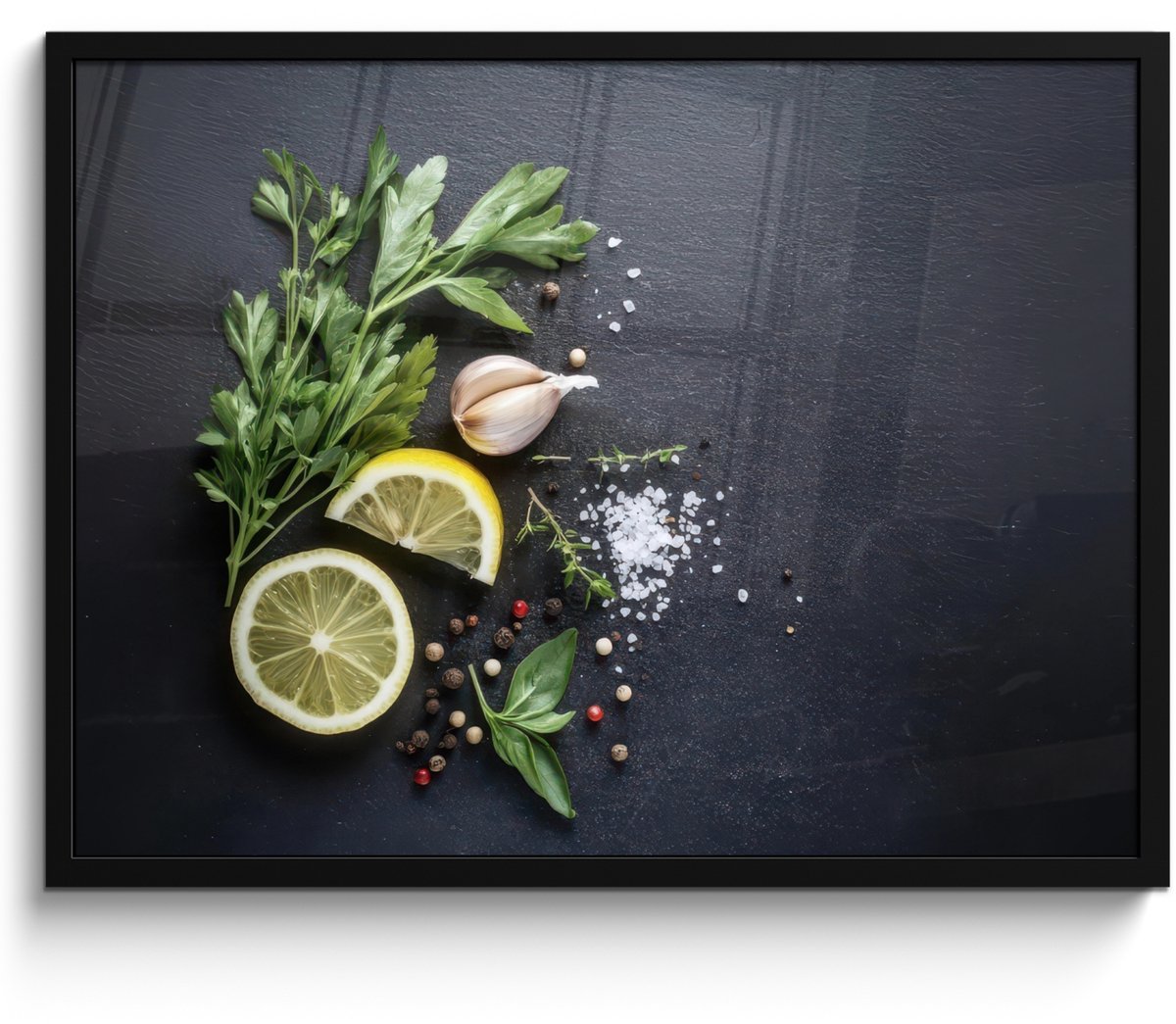 FrameYourWall Poster in lijst - Fotolijst 70x50 cm - Posters - Verse ingrediënten - Compositie - Artistiek - Posterlijst zwart - Decoratie - Wanddecoratie woonkamer - Muurdecoratie slaapkamer Kruiden - Citroen