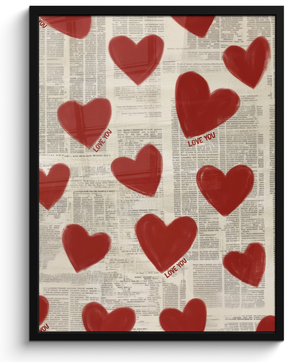 FrameYourWall Poster in lijst - Fotolijst 50x70 cm - Posters - Hartjes - Krant - Loveyou - Posterlijst zwart - Decoratie - Wanddecoratie woonkamer - Muurdecoratie slaapkamer