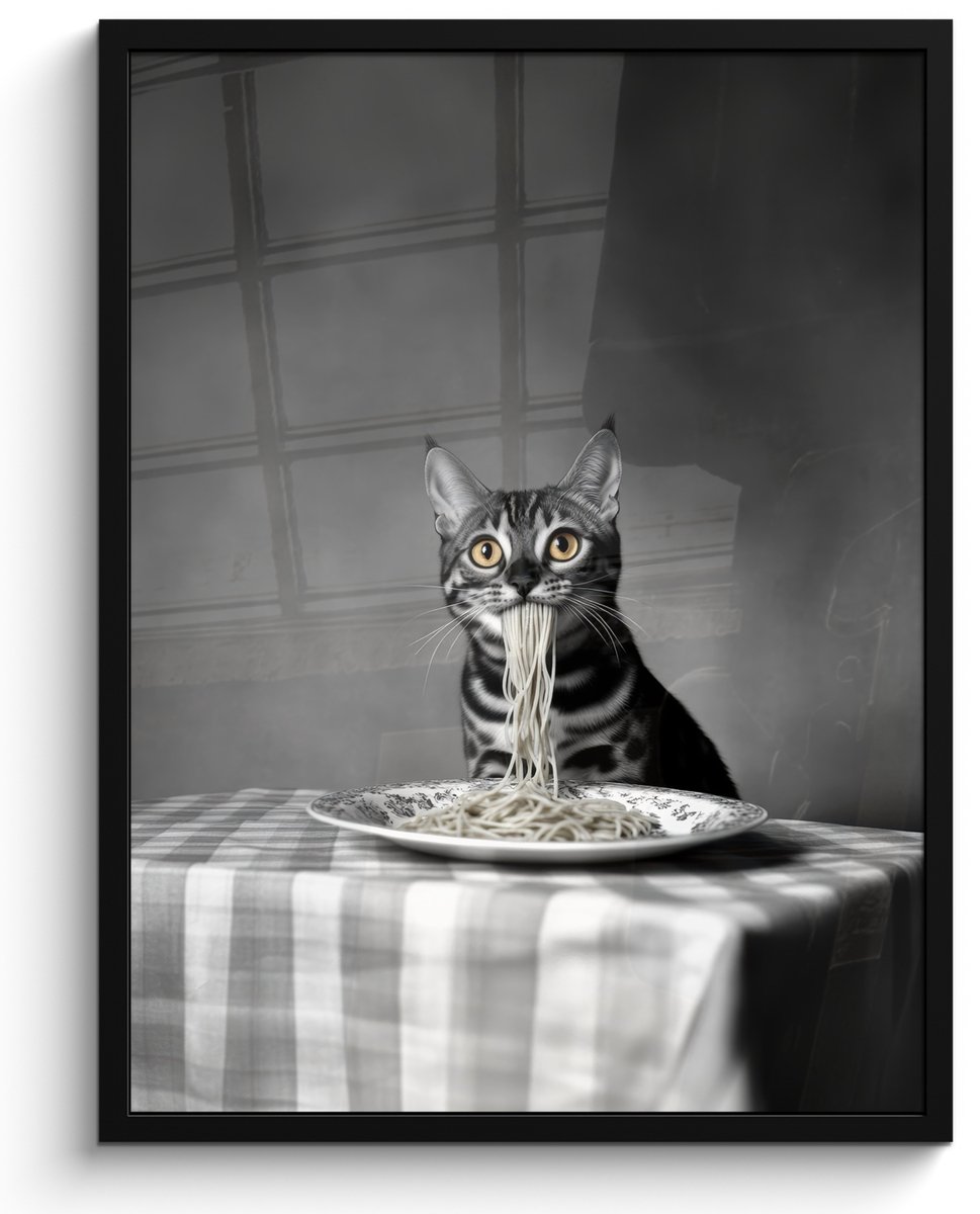 FrameYourWall Poster in lijst - Fotolijst 50x70 cm - Posters - Bengaal - Kat - Tafelkleed - Zwart - Wit - Dier - Posterlijst zwart - Decoratie - Wanddecoratie woonkamer - Muurdecoratie slaapkamer