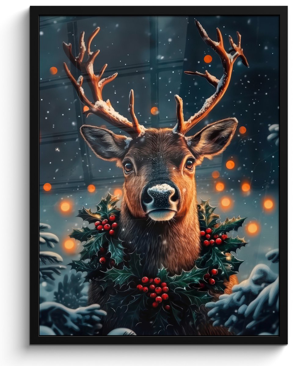 FrameYourWall Poster in lijst - Fotolijst 50x70 cm - Posters - Hert - Kerst - Winter - Sneeuw - Kerstkrans - Posterlijst zwart - Decoratie - Wanddecoratie woonkamer - Kerstdecoratie voor binnen - Kerstversiering - Kerstmis versiering in huis - Kerstaccessoires Hert - Kerstkrans