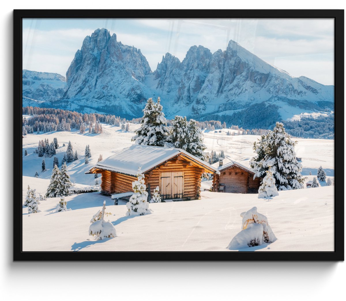 FrameYourWall Poster in lijst - Fotolijst 70x50 cm - Posters - Winter - Huisje - Bergen - Uitzicht - Sneeuw - Posterlijst zwart - Decoratie - Wanddecoratie woonkamer - Muurdecoratie slaapkamer