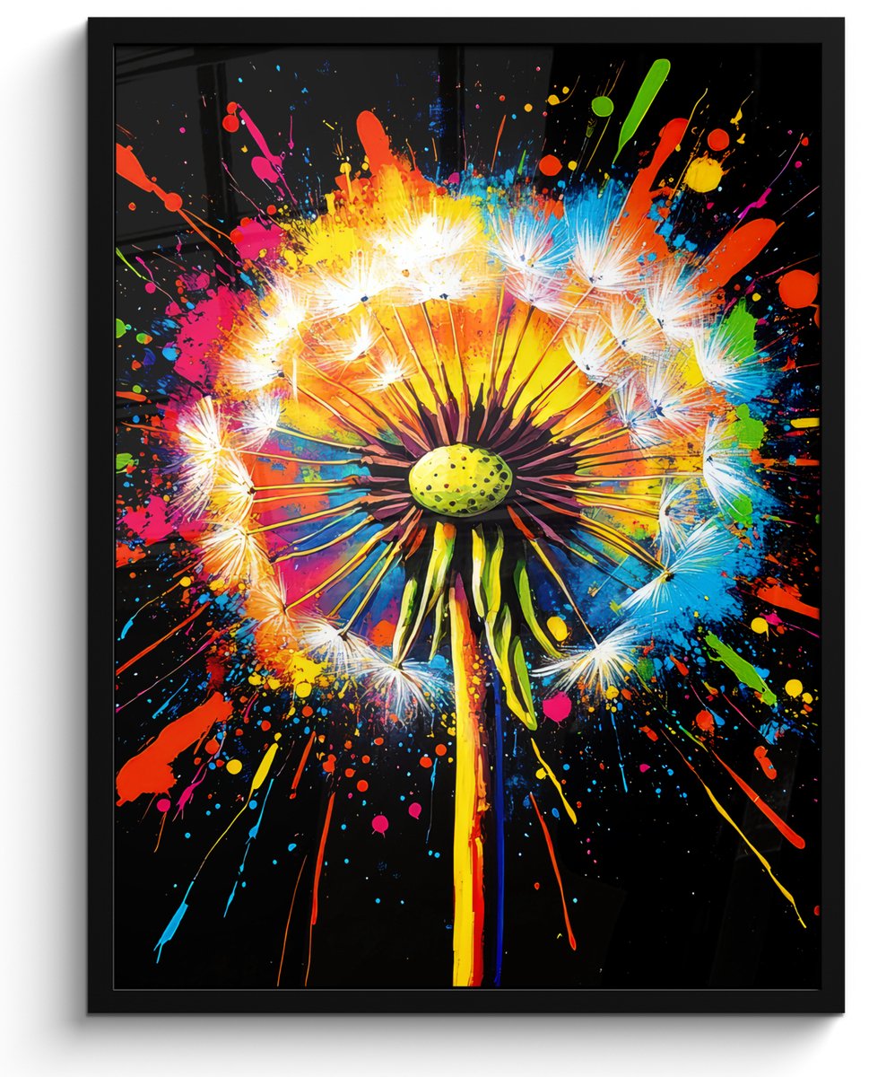 FrameYourWall Poster in lijst - Fotolijst 50x70 cm - Posters - Paardenbloem - Graffiti - Kleurrijk - Bloemen - Natuur - Posterlijst zwart - Decoratie - Wanddecoratie woonkamer - Muurdecoratie slaapkamer Graffiti - Paardenbloem