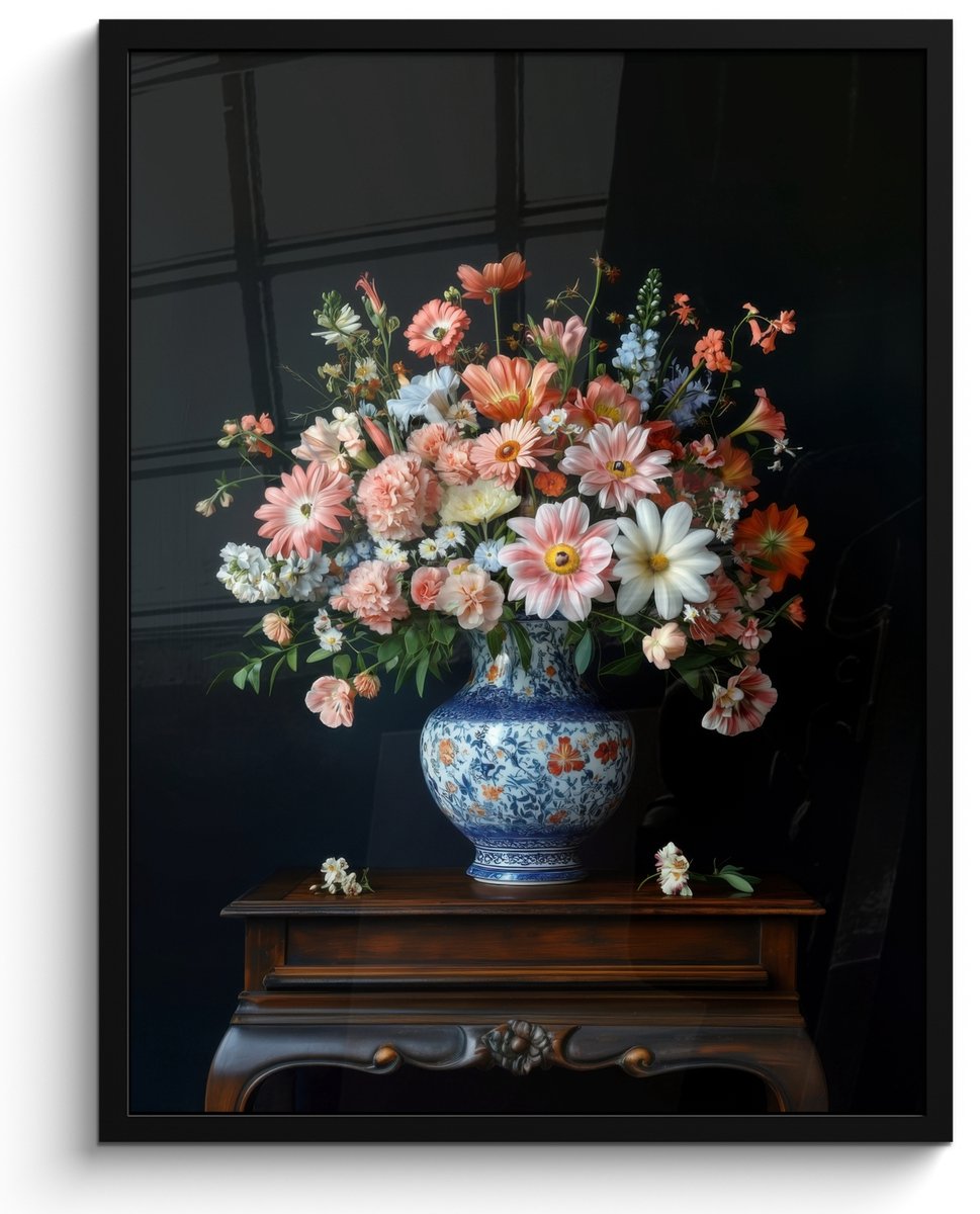 FrameYourWall Poster in lijst - Fotolijst 50x70 cm - Posters - Hout - Vaas - Kleuren - Bloemen - Posterlijst zwart - Decoratie - Wanddecoratie woonkamer - Muurdecoratie slaapkamer Bloemen - Roze