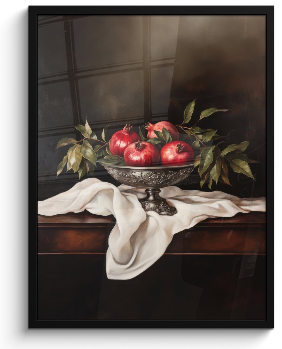 FrameYourWall Poster in lijst - Fotolijst 50x70 cm - Posters - Granaatappels - Klassiek - Vintage - Posterlijst zwart - Decoratie - Wanddecoratie woonkamer - Muurdecoratie slaapkamer Granaatappels - Stilleven