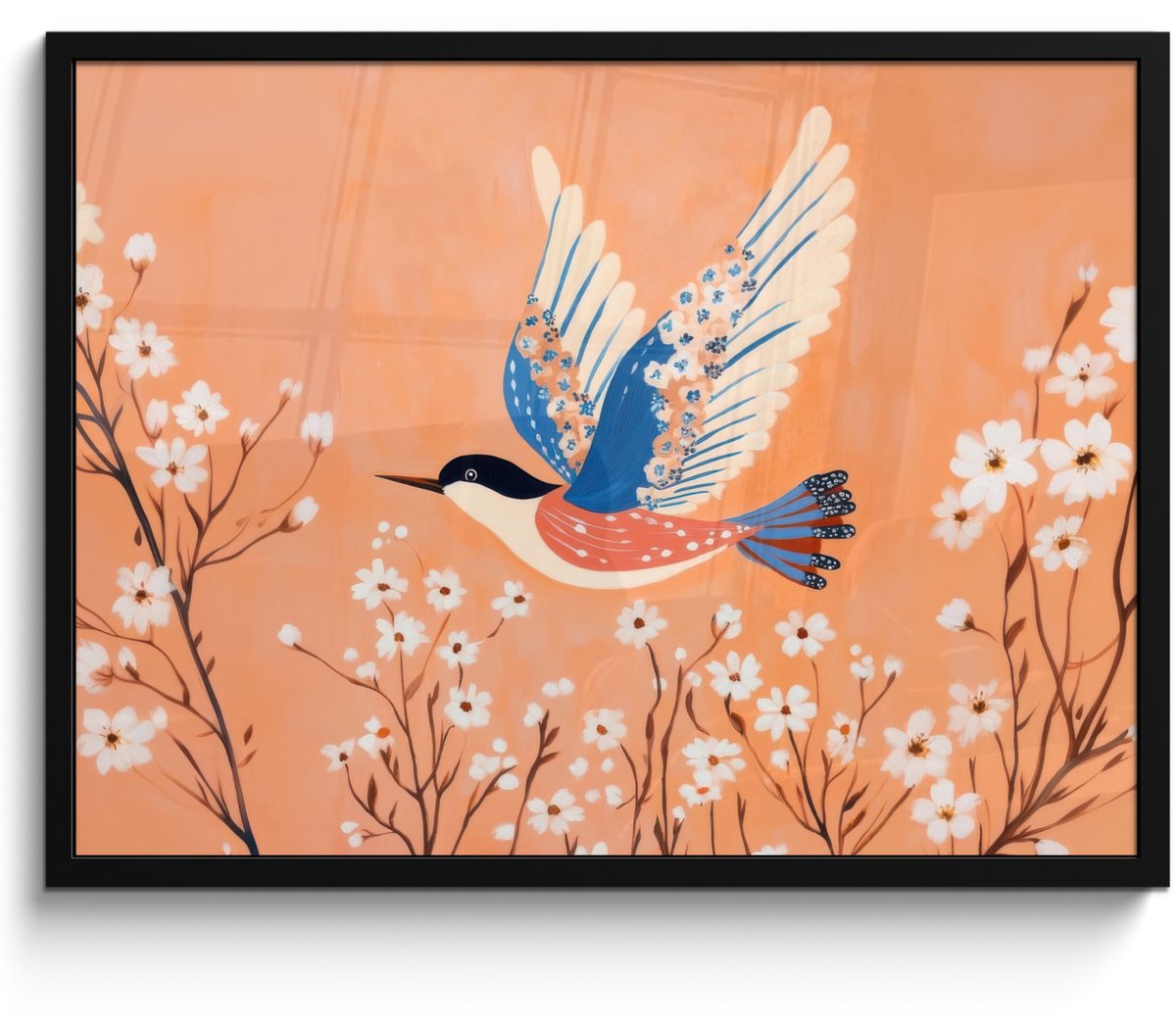 FrameYourWall Poster in lijst - Fotolijst 70x50 cm - Posters - Vogel - Bloesemtakken - Warm - Kleurrijk - Posterlijst zwart - Decoratie - Wanddecoratie woonkamer - Muurdecoratie slaapkamer