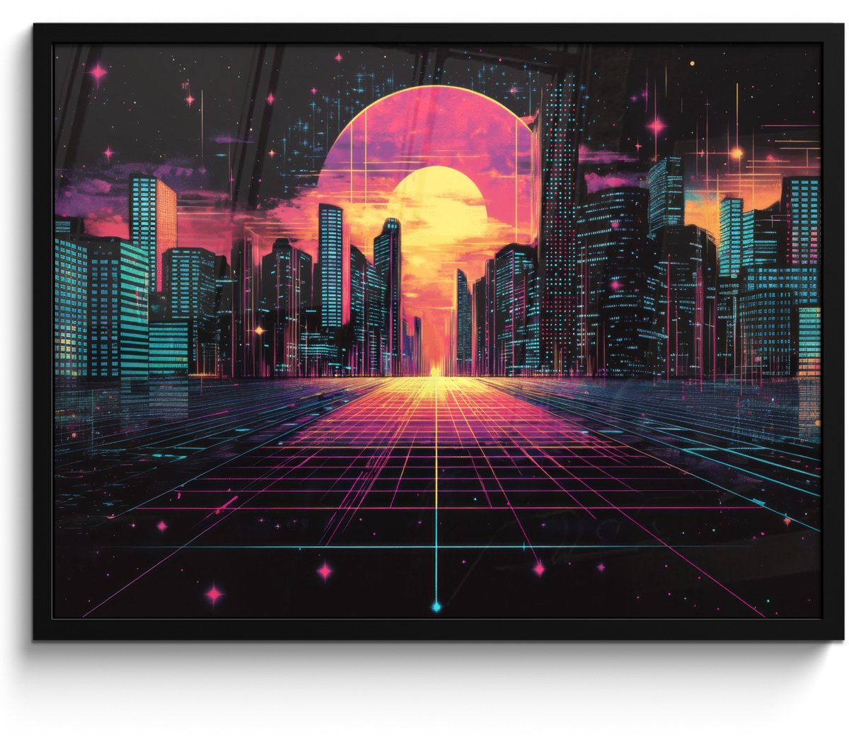 FrameYourWall Poster in lijst - Fotolijst 70x50 cm - Posters - Stad - Gebouwen - Zon - Geel - Posterlijst zwart - Decoratie - Wanddecoratie woonkamer - Muurdecoratie slaapkamer Stad - Zon