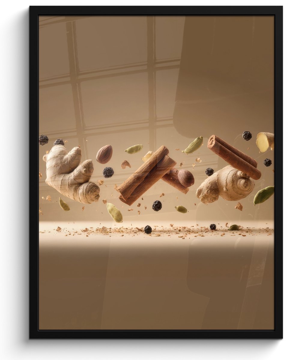 FrameYourWall Poster in lijst - Fotolijst 50x70 cm - Posters - Specerijen - Zweven dynamisch - Geurassociaties - Posterlijst zwart - Decoratie - Wanddecoratie woonkamer - Muurdecoratie slaapkamer Specerijen - Mix