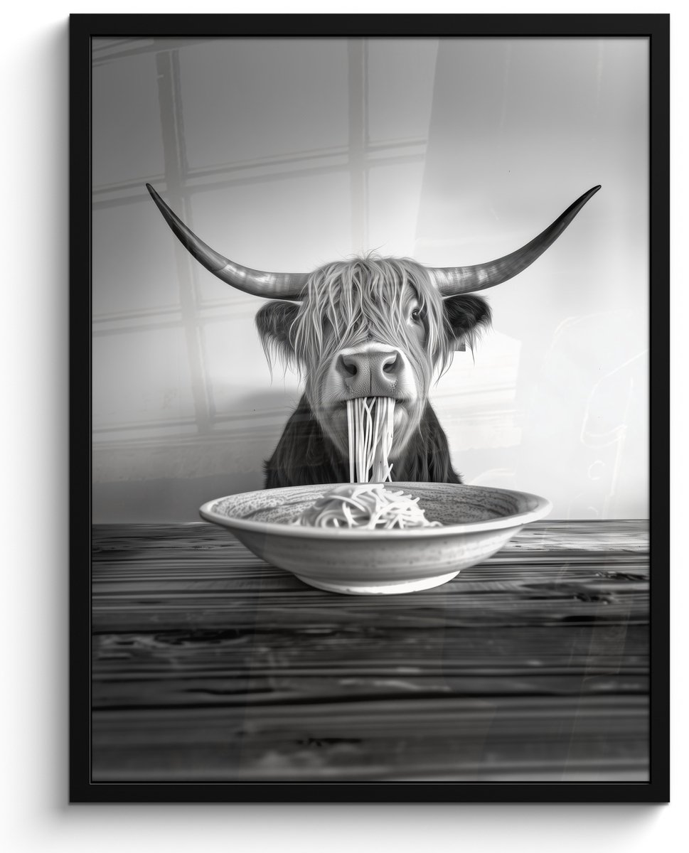 FrameYourWall Fotolijst incl. Poster Zwart Wit- Schotse Hooglander - Spaghetti - Dieren - Zwart wit - 50x70 cm - Posterlijst