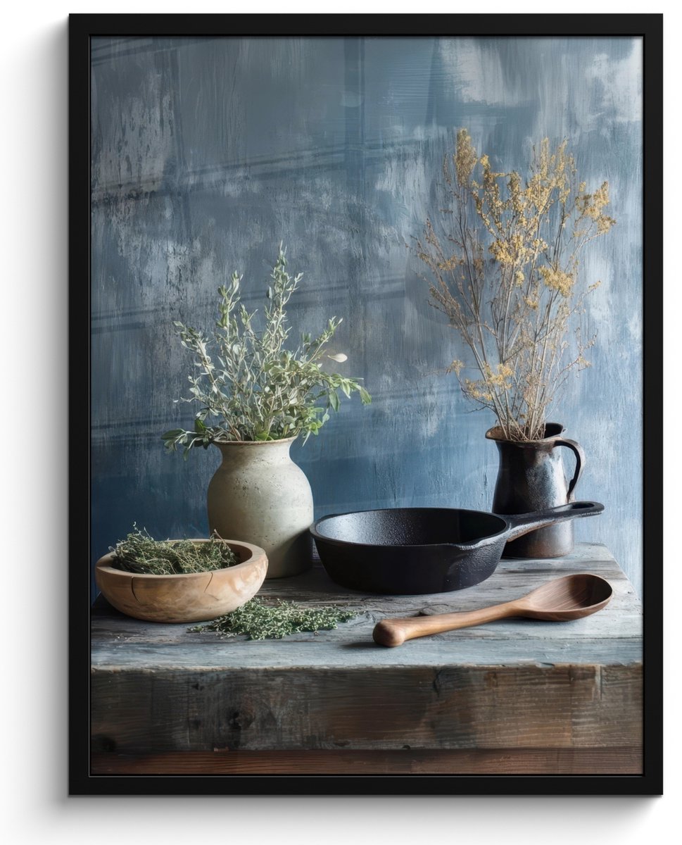 FrameYourWall Poster in lijst - Fotolijst 50x70 cm - Posters - Pan - Kruiden - Schilderachtig - Posterlijst zwart - Decoratie - Wanddecoratie woonkamer - Muurdecoratie slaapkamer Rustiek - Kruiden