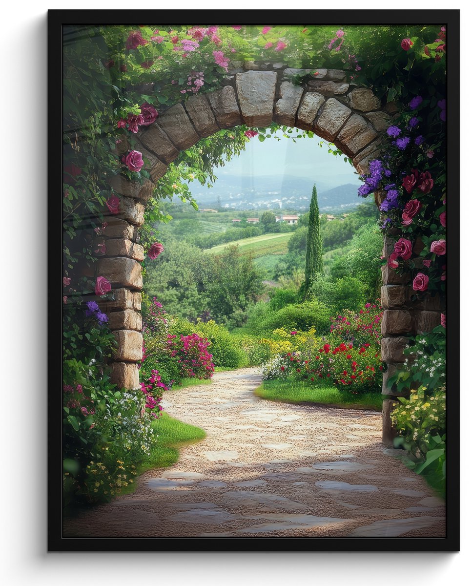FrameYourWall Poster in lijst - Fotolijst 50x70 cm - Posters - Doorkijk - Landschap - Bloemen - Pad - Uitzicht - Posterlijst zwart - Decoratie - Wanddecoratie woonkamer - Muurdecoratie slaapkamer Poort - Landschap