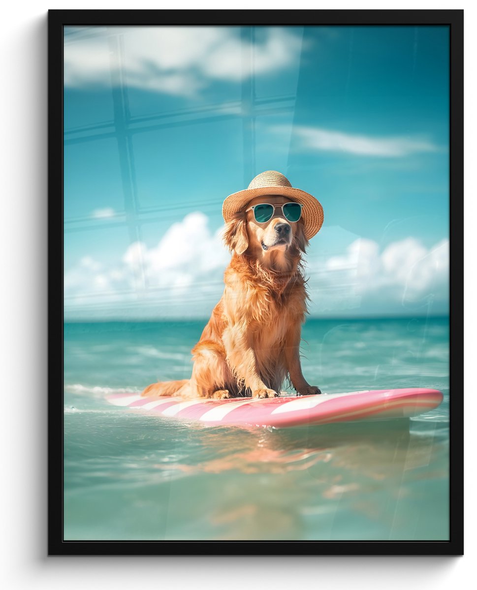 FrameYourWall Poster in lijst - Fotolijst 50x70 cm - Posters - Zeewater - Hond - Golden retriever - Zonnebril - Posterlijst zwart - Decoratie - Wanddecoratie woonkamer - Muurdecoratie slaapkamer Hond - Surfplank