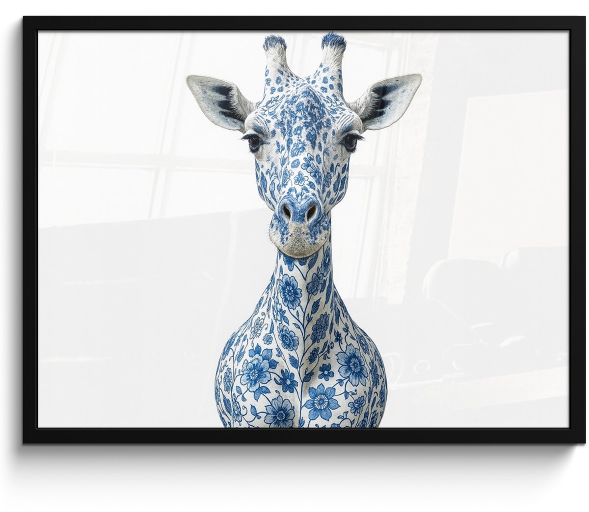FrameYourWall Poster in lijst - Fotolijst 70x50 cm - Posters - Giraffe - Delfts blauw - Dieren - Minimalistisch - Posterlijst zwart - Decoratie - Wanddecoratie woonkamer - Muurdecoratie slaapkamer