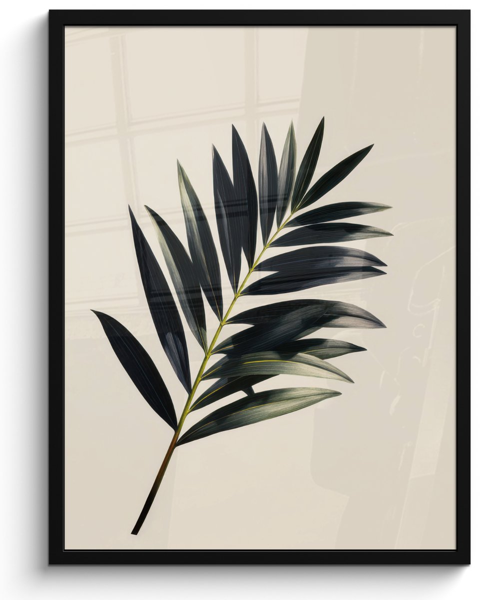 FrameYourWall Poster in lijst - Fotolijst 50x70 cm - Posters - Palmblad - Subtiel - Groen - beige - Posterlijst zwart - Decoratie - Wanddecoratie woonkamer - Muurdecoratie slaapkamer