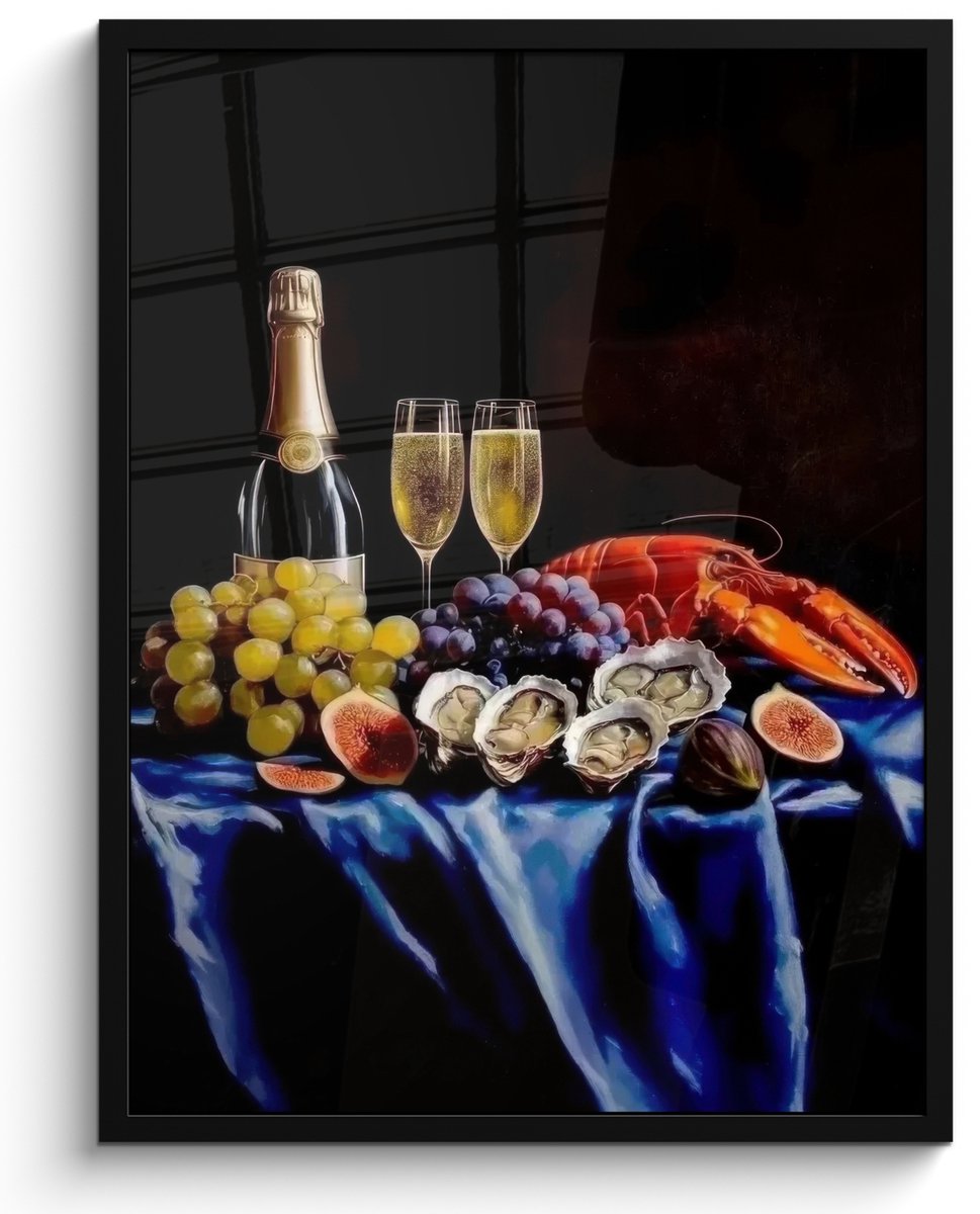 FrameYourWall Poster in lijst - Fotolijst 50x70 cm - Posters - Champagne - Luxe - Oesters - Posterlijst zwart - Decoratie - Wanddecoratie woonkamer - Muurdecoratie slaapkamer Champagne - Stilleven