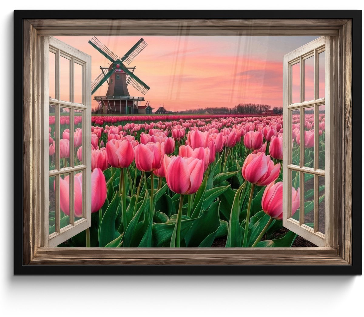 FrameYourWall Poster in lijst - Fotolijst 70x50 cm - Posters - Doorkijk - Tulpen - Bloemen - Molen - Raam - Posterlijst zwart - Decoratie - Wanddecoratie woonkamer - Muurdecoratie slaapkamer