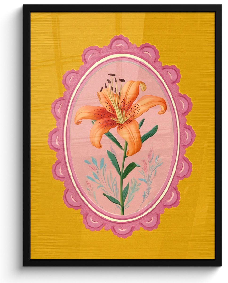 FrameYourWall Poster in lijst - Fotolijst 50x70 cm - Posters - Lelie - Oranje - Lijst - Ovaal - Posterlijst zwart - Decoratie - Wanddecoratie woonkamer - Muurdecoratie slaapkamer Lelie - Lijst