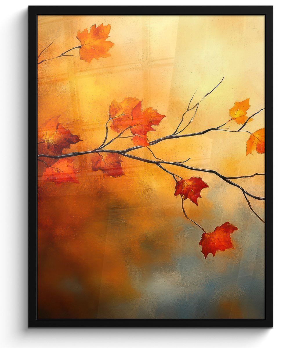 FrameYourWall Poster in lijst - Fotolijst 50x70 cm - Posters - Herfstbladeren - Oranje - Abstract - Herfsttakken - Natuur - Posterlijst zwart - Decoratie - Wanddecoratie woonkamer - Muurdecoratie slaapkamer