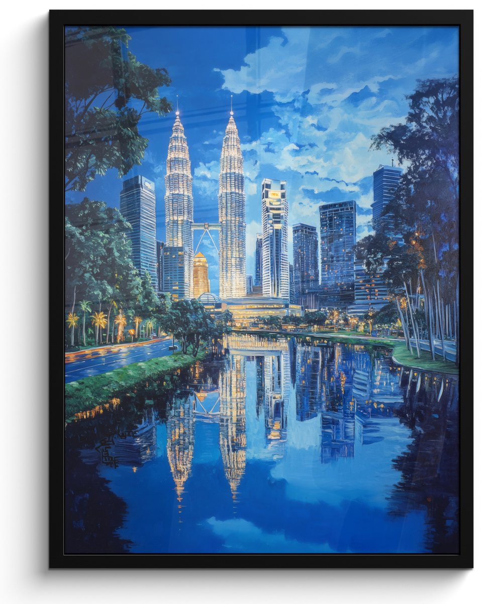 FrameYourWall Poster in lijst - Fotolijst 50x70 cm - Posters - Stad Kuala Lumpur - Skyline - Wolkenkrabbers - Water - Posterlijst zwart - Decoratie - Wanddecoratie woonkamer - Muurdecoratie slaapkamer Stad - Skyline