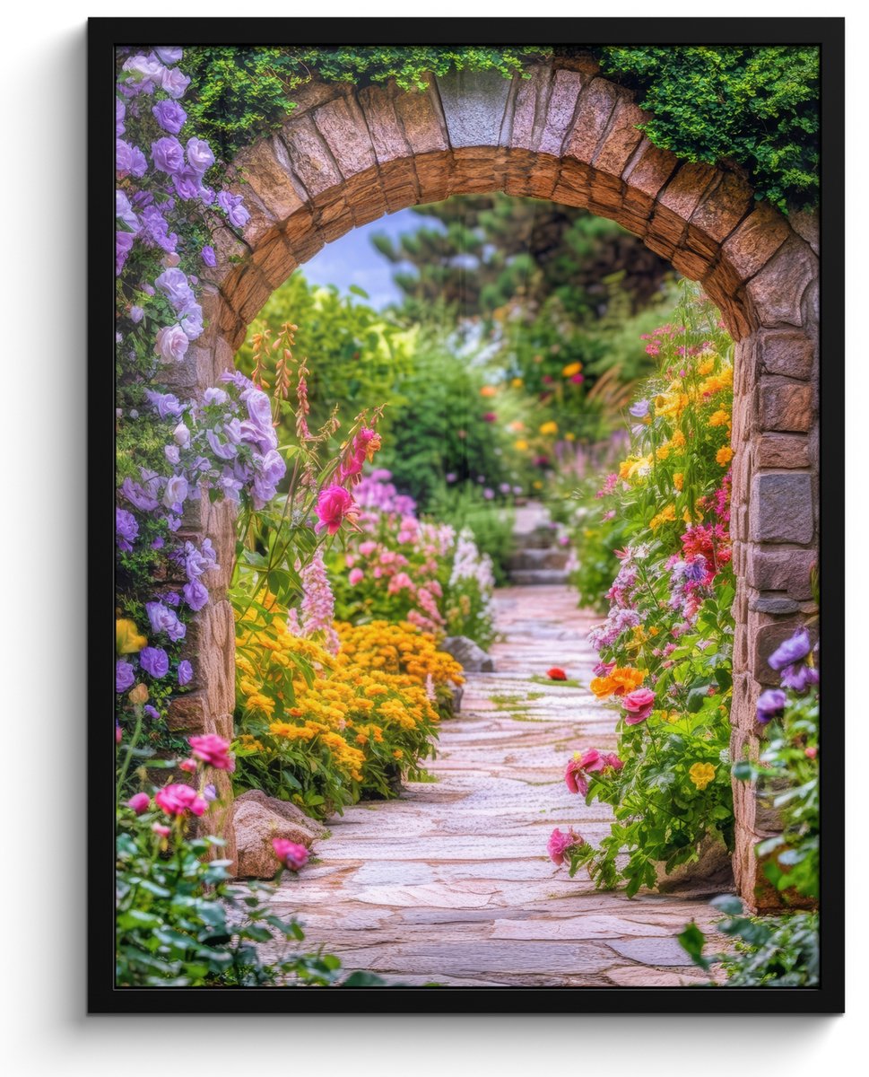 FrameYourWall Poster in lijst - Fotolijst 50x70 cm - Posters - Doorkijk - Bloemen - Pad - Natuur - Posterlijst zwart - Decoratie - Wanddecoratie woonkamer - Muurdecoratie slaapkamer Poort - Bloementuin