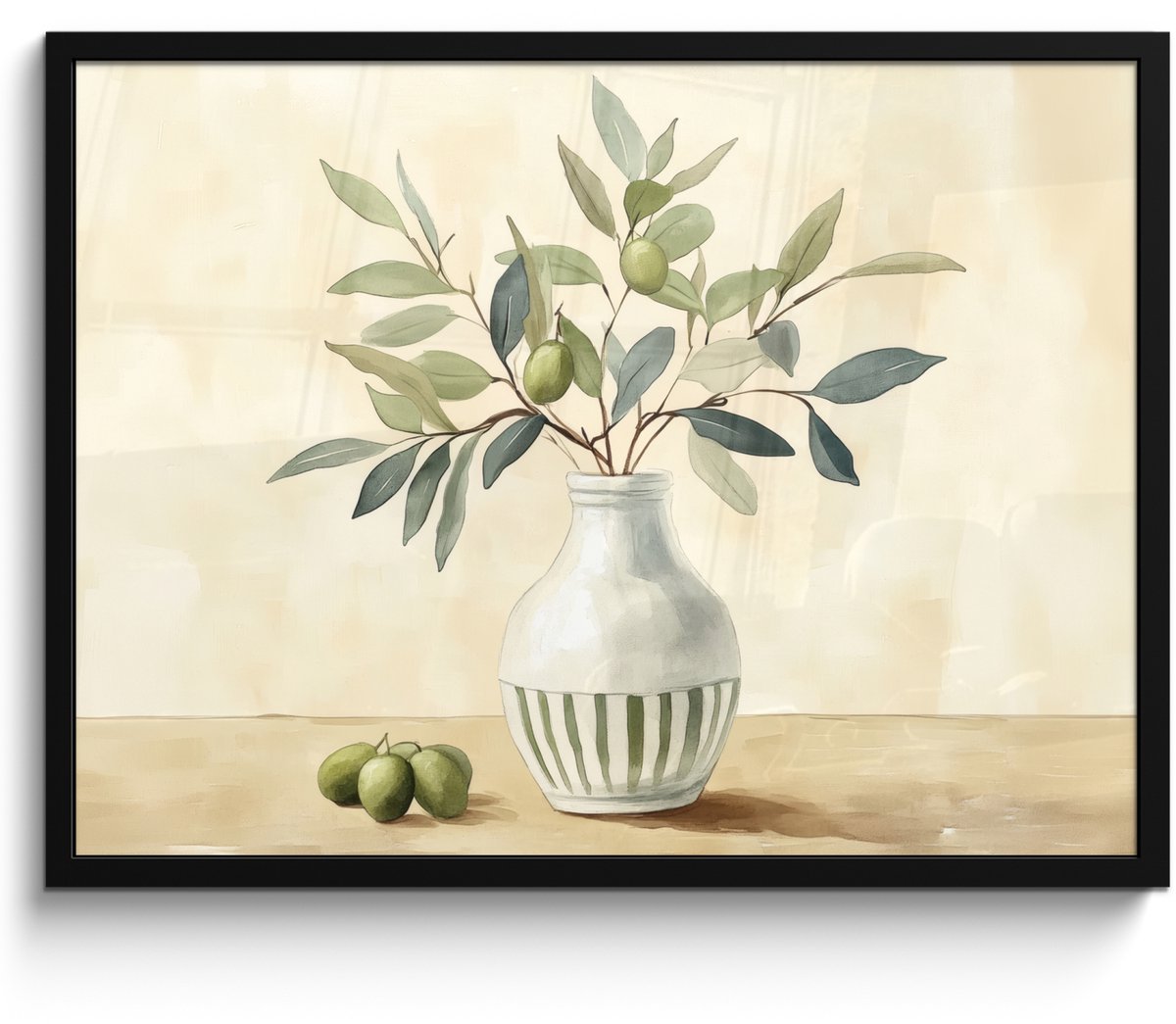 FrameYourWall Poster in lijst - Fotolijst 70x50 cm - Posters - Vaas - Keramiek - Olijftakken - Posterlijst zwart - Decoratie - Wanddecoratie woonkamer - Muurdecoratie slaapkamer Vaas - Olijftakken