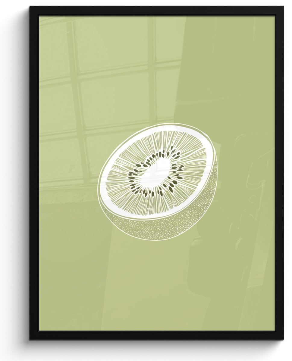 FrameYourWall Poster in lijst - Fotolijst 50x70 cm - Posters - Kiwi - Lijntekening - Minimalistisch - Groen - Posterlijst zwart - Decoratie - Wanddecoratie woonkamer - Muurdecoratie slaapkamer