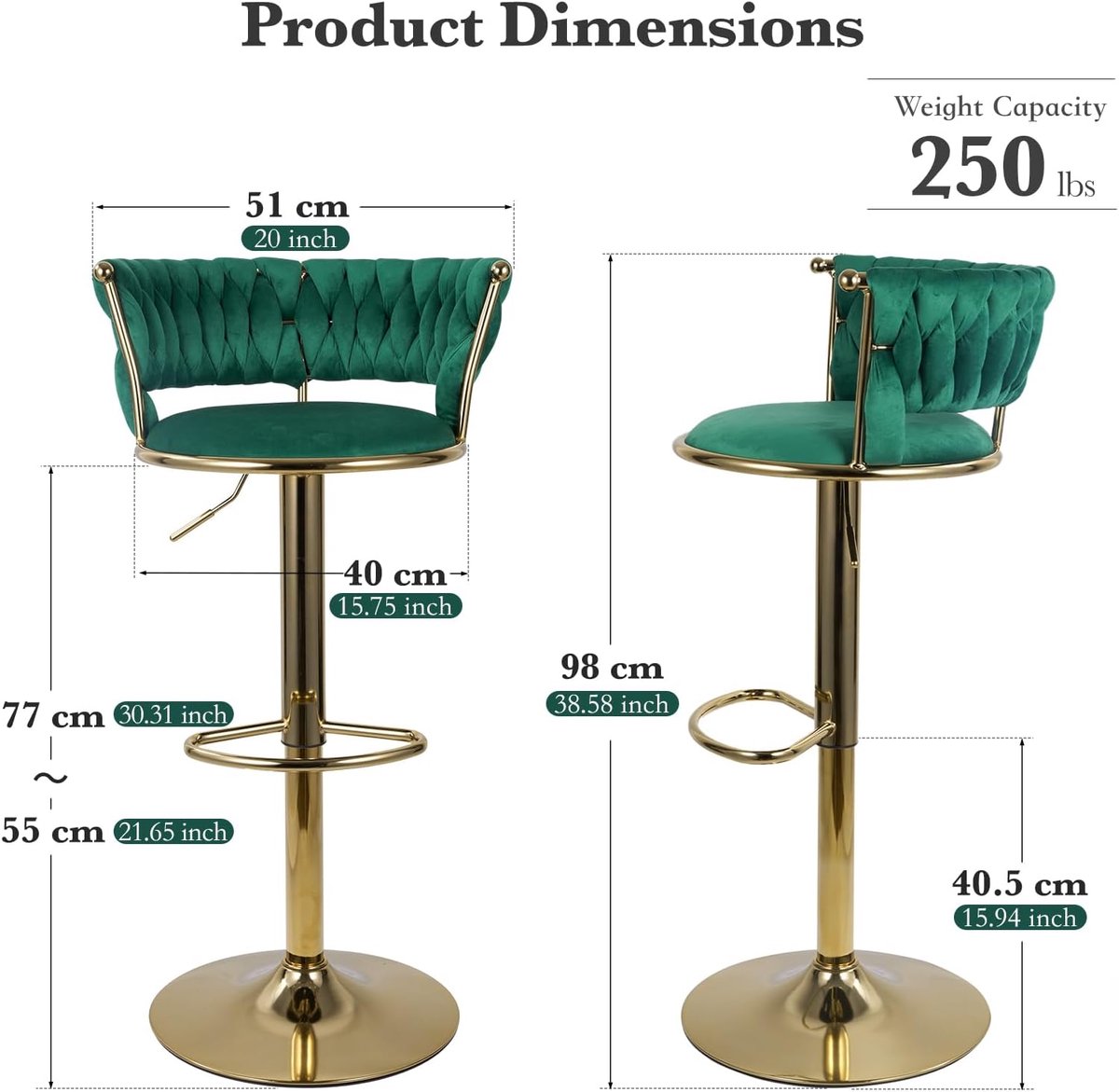 Barkrukken Set van 4 – House&Garden Aivera Luxe Verstelbare Barstoelen met Gouden Metaalframe – Fluwelen Zitting – 360° Draaibaar – Ergonomische Gevlochten Rugleuning – Groen – 77-98 cm
