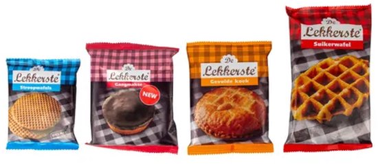 Vier verpakkingen met koekjes: wafel, stroopwafel, gevulde koek en suikerwafel.