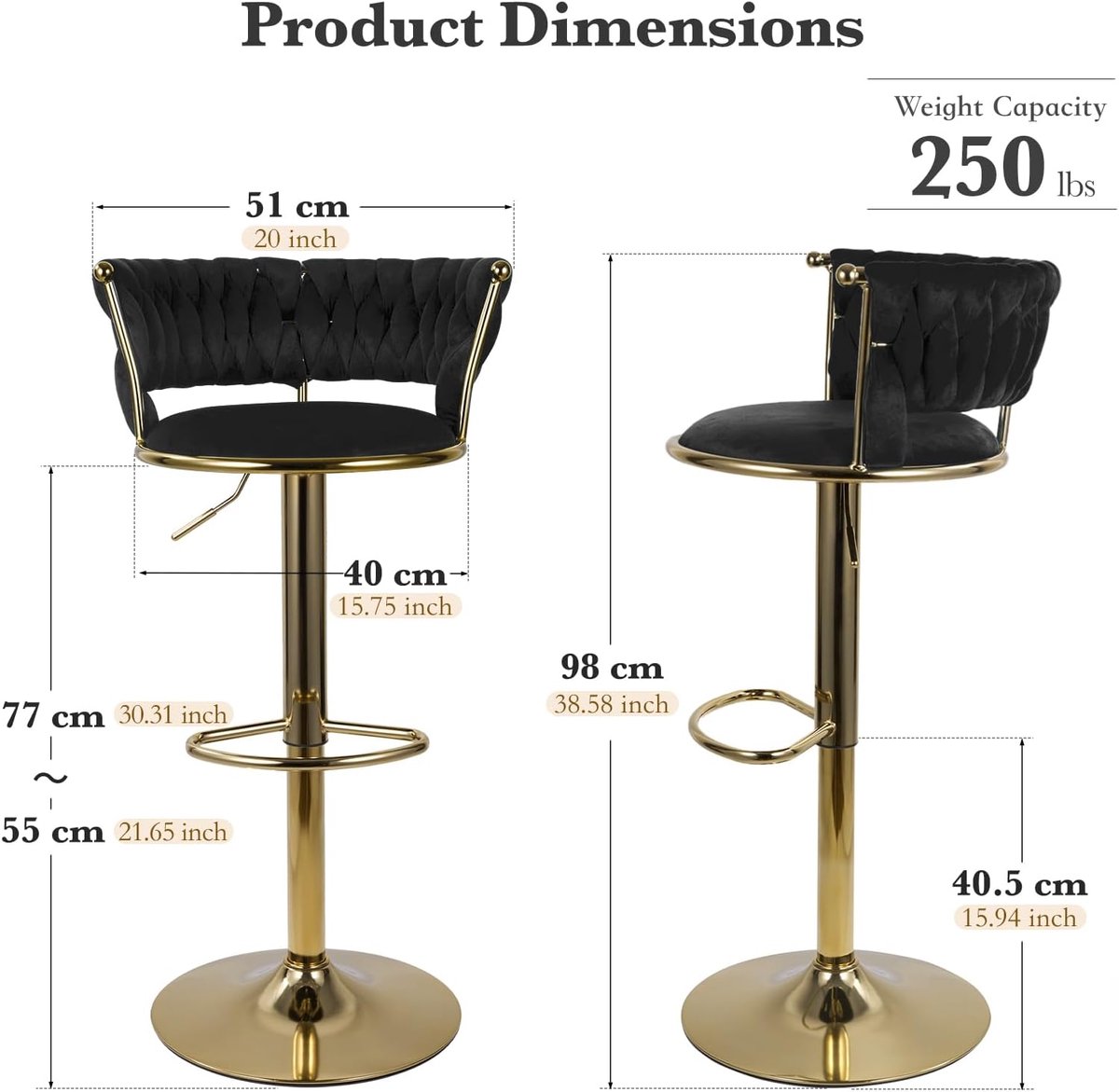 Barkrukken Set van 4 – House&Garden Noir Luxe Verstelbare Barstoelen – Fluweel Zwart met Goud Metaalframe – 360° Draaibaar – Ergonomische Rugleuning – 77-98 cm – Voor Keukeneiland & Huisbar