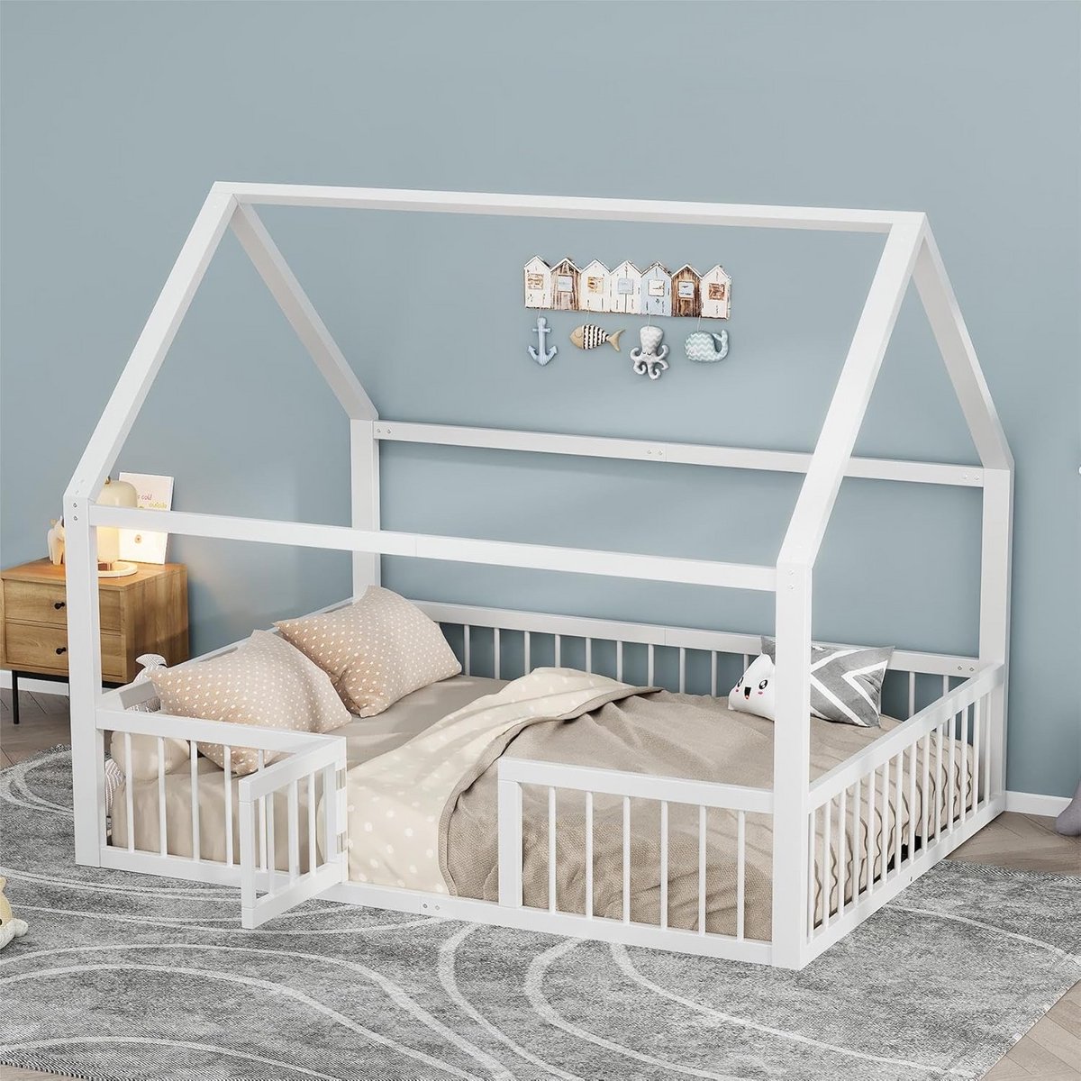 Huttenbed 140x200 cm Kind met Lattenbodem en Veiligheidshek - Wit Metalen Kinderbed