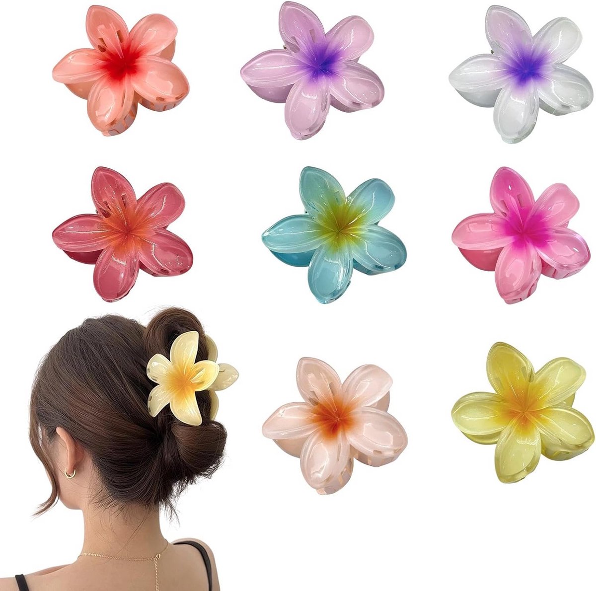 8x Grote Bloemen Haarklemmen 8 cm Acryl - Stevige Antislip Haarclip voor Dik en Dun Haar