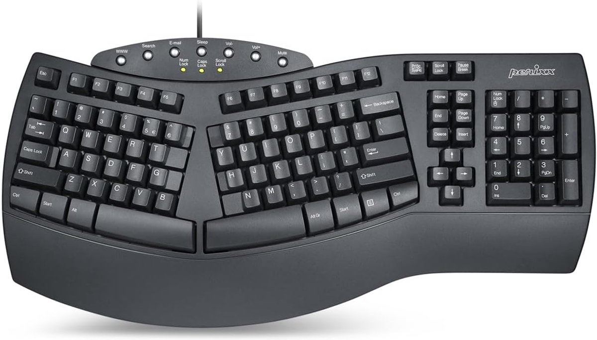 Ergonomisch Gesplitst USB Toetsenbord – Bedraad, 7 Multimediatoetsen, VS Engels (US Layout), Zwart