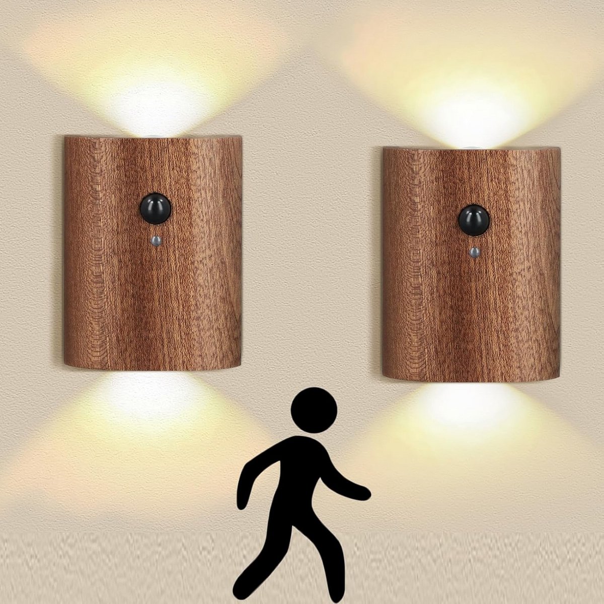Draadloze LED Wandlamp met Bewegingssensor Hout Look | Oplaadbaar | 2 Stuks
