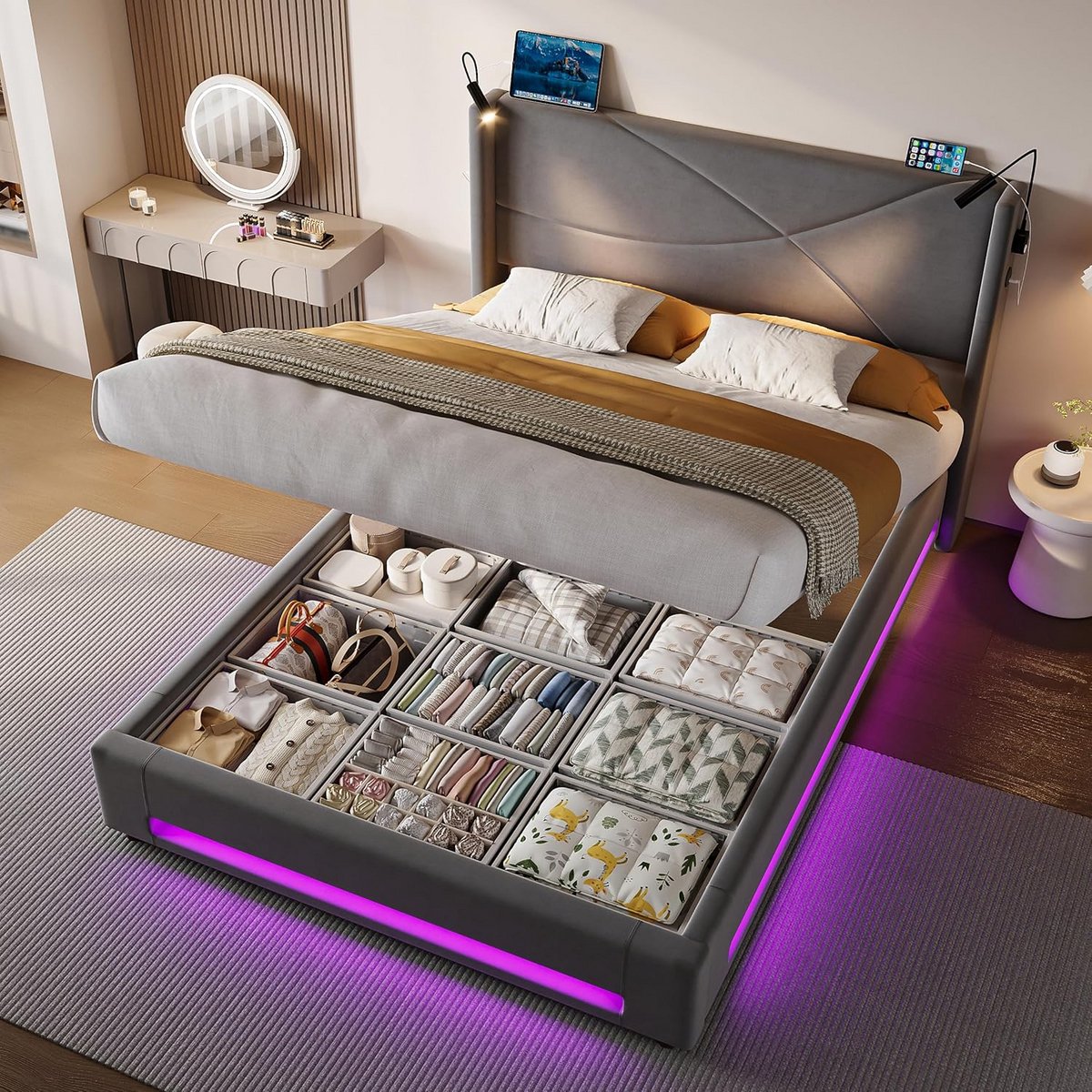 Tweepersoonsbed 140x200 Grijs Gestoffeerd met Opbergruimte en Leeslampen