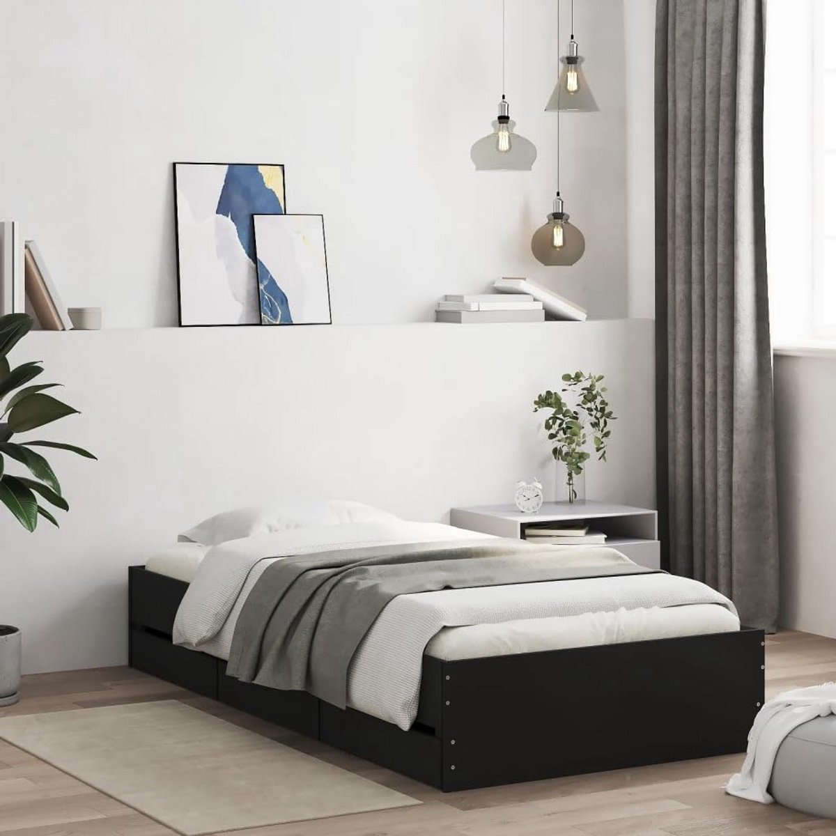 Slaapkamerbed met Opberglades - Stevig Houten Bedframe 90 x 200 cm Zwart