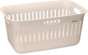 Crème wasmand met handgrepen en ventilatiegaten, op een witte achtergrond.