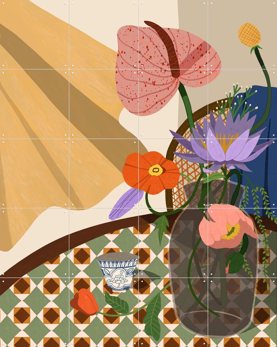 IXXI Flower Arrangement, Arty Guava - 80 x 100 cm - Gratis ophangtool - Grote wanddecoratie en posters - Illustraties, Kleurrijk, Vintage, Bloemen