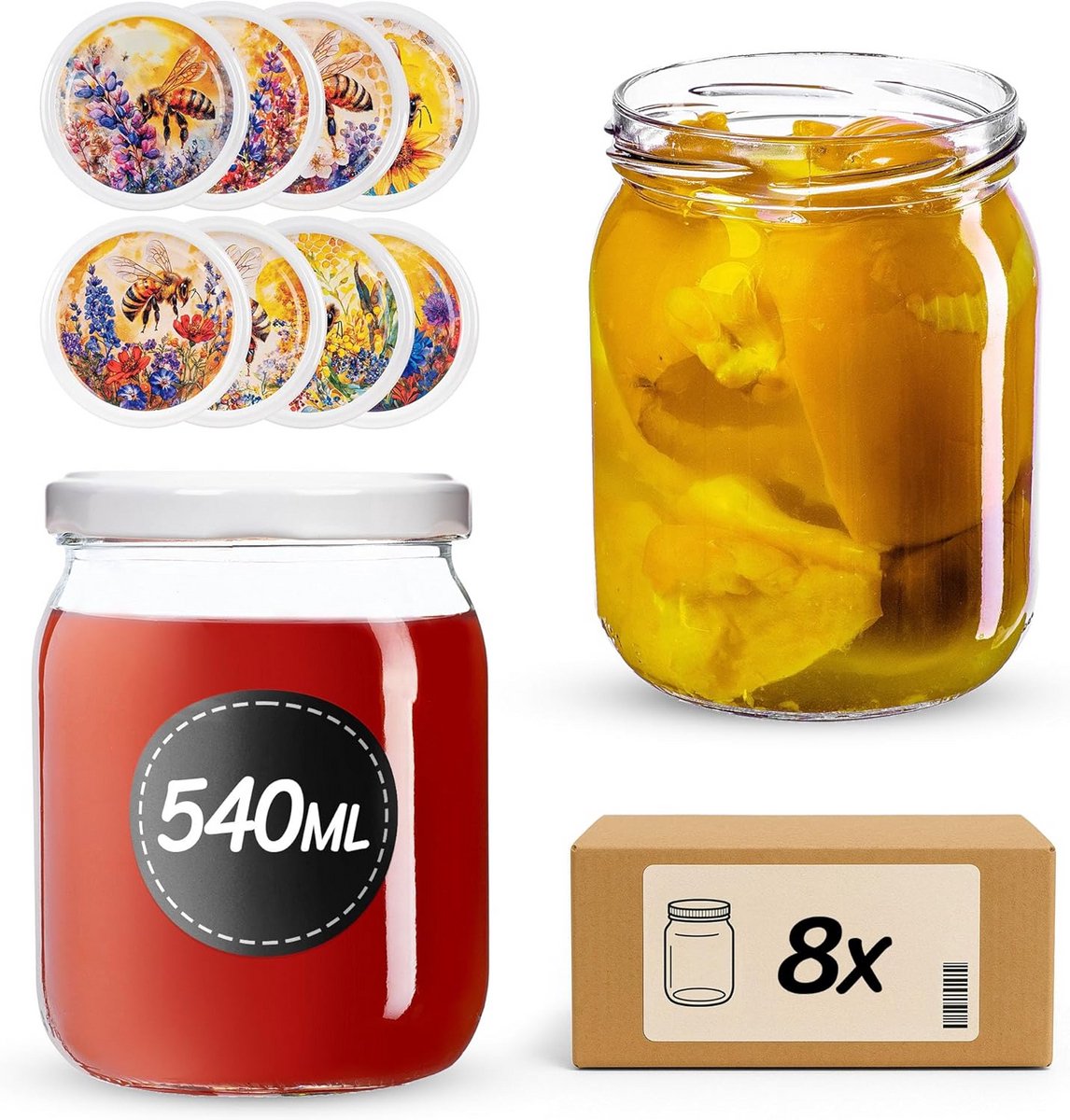 Set van 8 Glazen Weckpotten 540ml met Schroefdeksel voor Inmaken en Bewaren