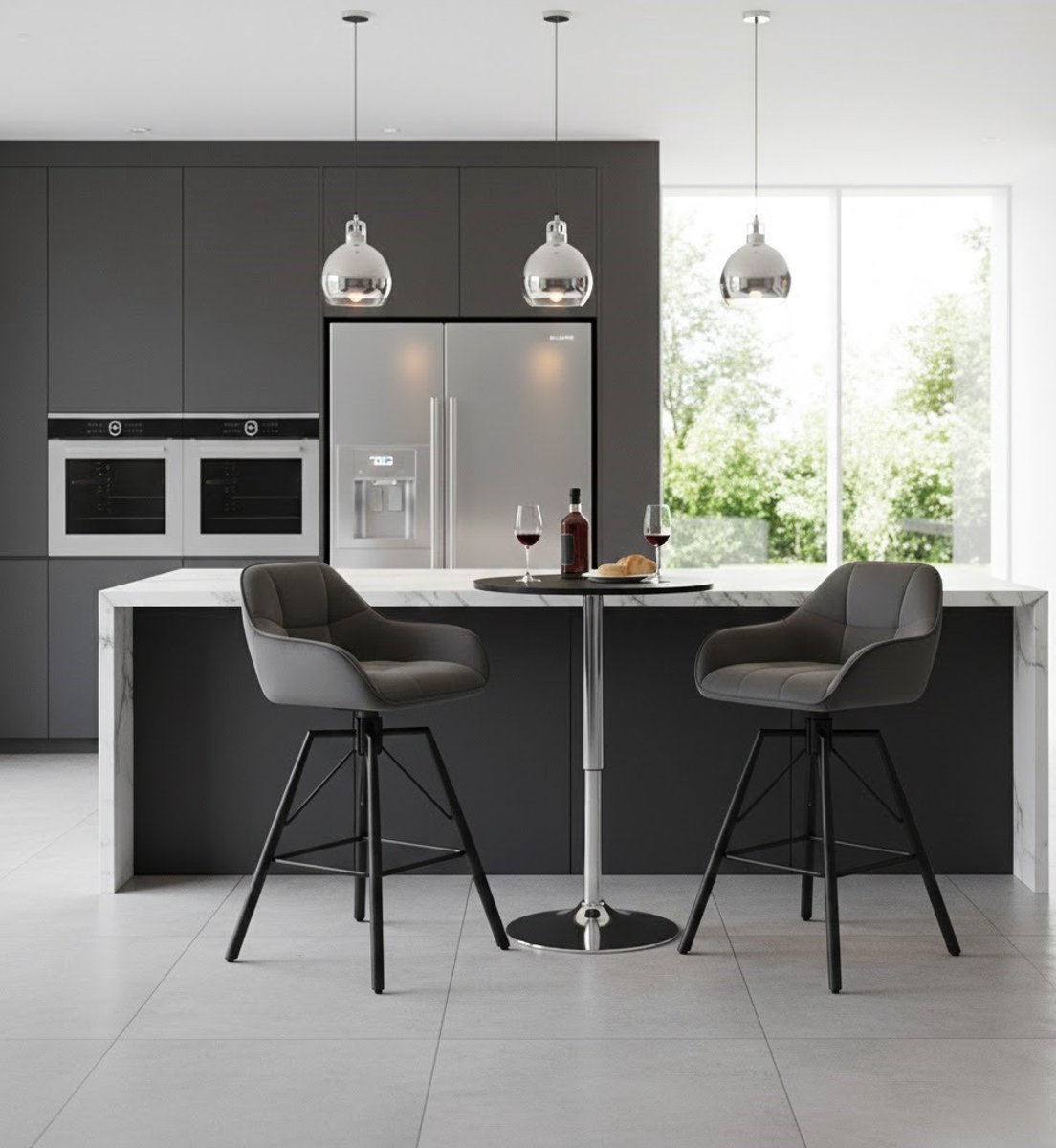 Luxe Draaibare Barkrukken Set van 2 – 360° Draaibaar – Fluwelen Barstoelen met Rugleuning & Voetensteun – Metalen Onderstel – Donkergrijs Vita Interior