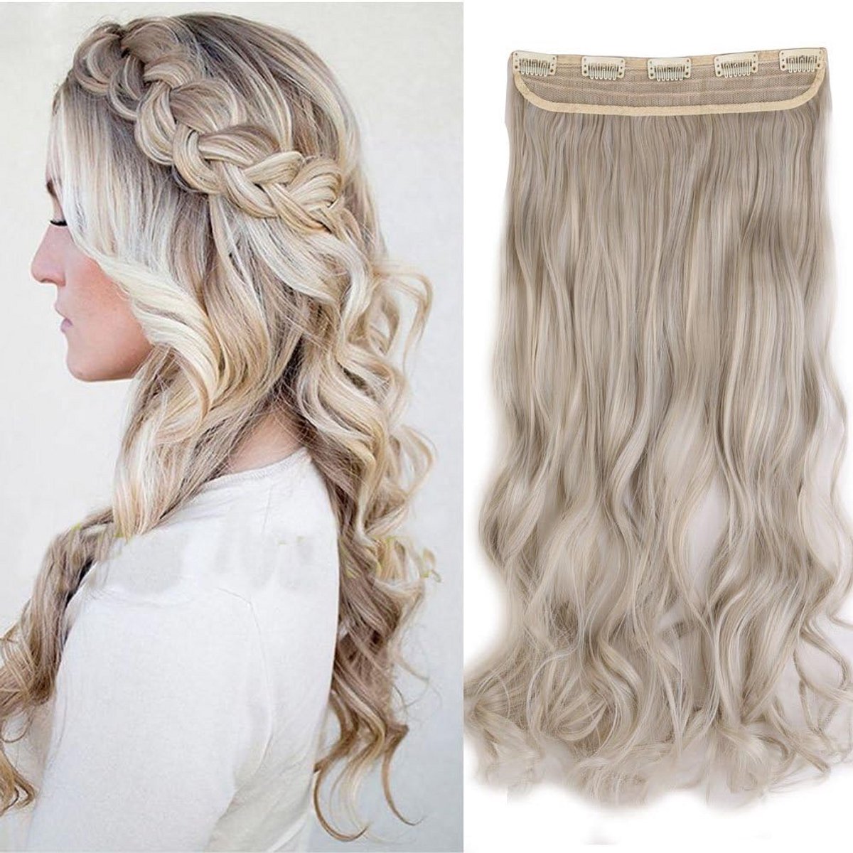 Clip-in Vlecht Haarverlenging 60 cm Golvend Asblond Grijs Haarstuk Met 5 Clips