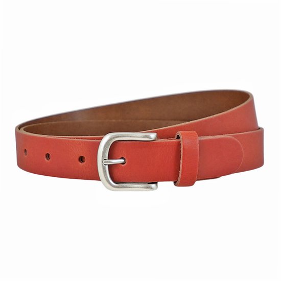 Rood leren damesriem met zilverkleurige gesp, breedte 3 cm.