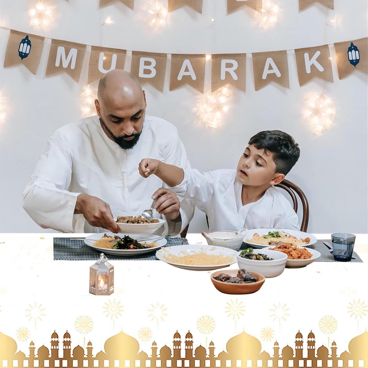 Rechthoekig Tafelkleed Wit met Maan en Ster Decoratie voor Islamitische Feesten