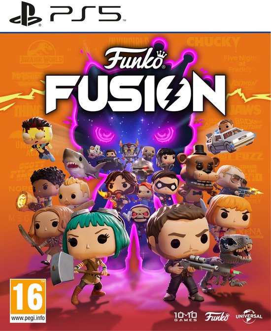 PS5-hoes voor Funko Fusion met een verzameling Funko Pop-figuren uit verschillende franchises, waaronder Jaws en Chucky.