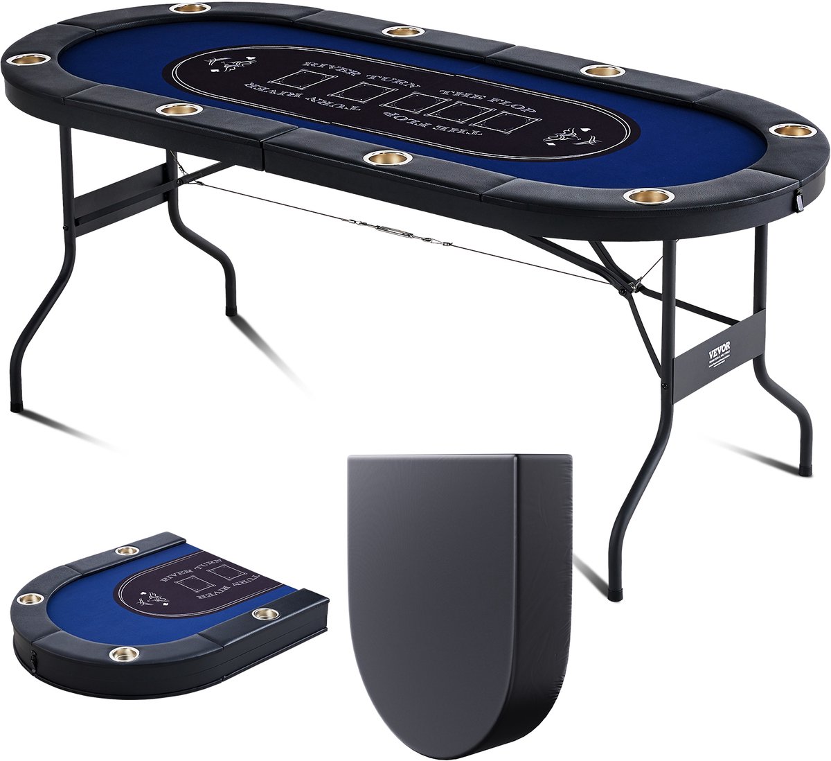 VEVOR Casino Pokertafel Klaptafelpoten 183x82x72cm (LxBxH), Opvouwbare Pokertafel, Zwart en Blauw Poker Pad Klaptafel voor 8 Spelers, Pokertafel met Stofkap Draagbaar, Ovaal
