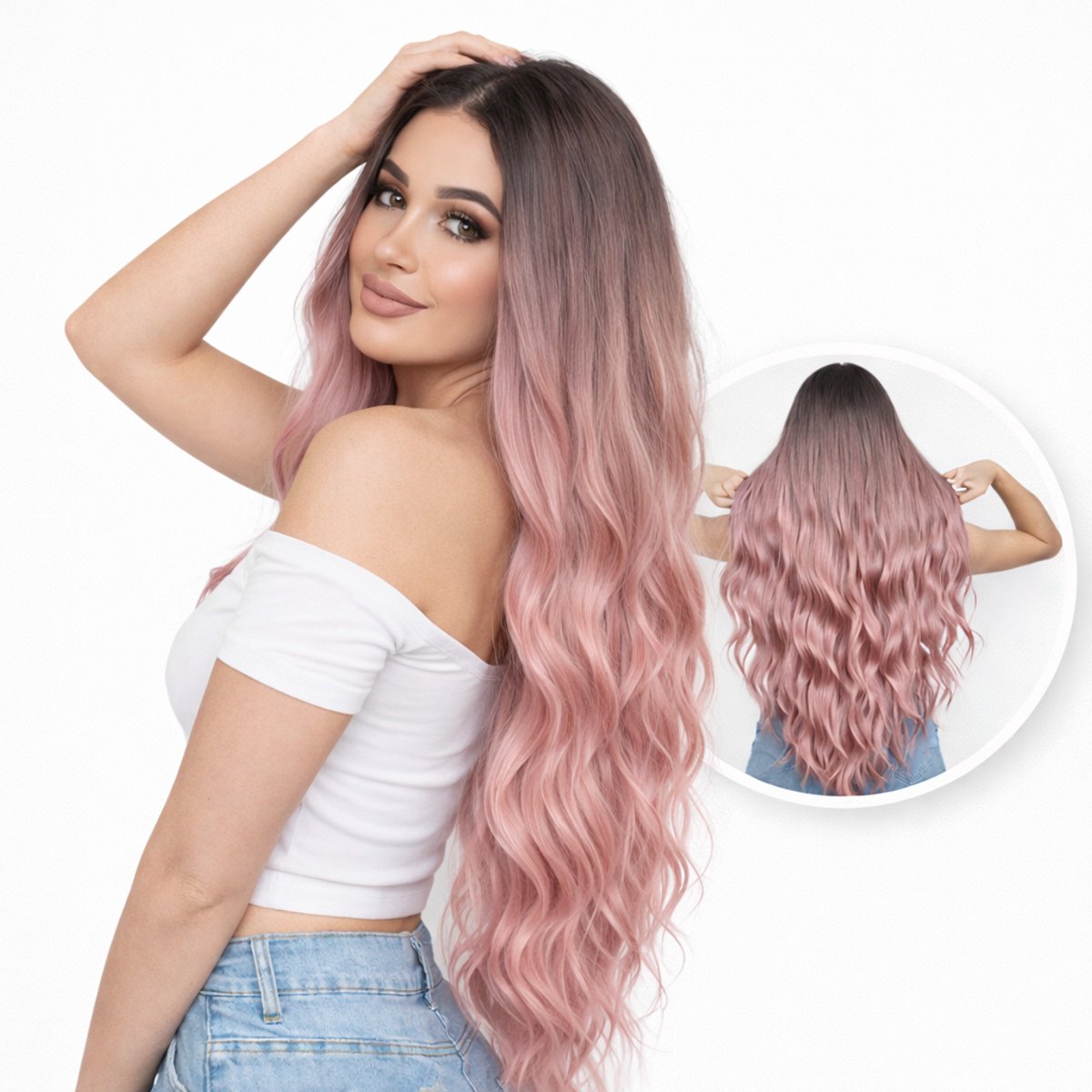Nifkos - Roze Pruik - Pruiken Dames Lang Haar - Wig - Haarstuk - Wasbaar - Carnaval - 70 cm