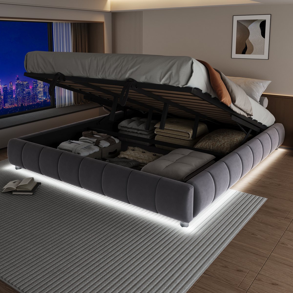 FloraGrace Gestoffeerd Bed 180x200cm – Zwevend Bed Met Hydraulische Opbergruimte – Led Verlichting – Zonder Matras – Flanel – Grijs