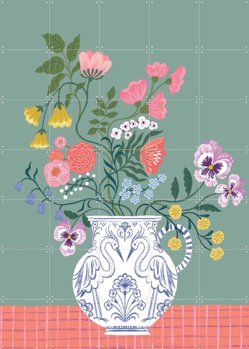 IXXI Flower Vase, Bethan Janine - 100 x 140 cm - Gratis ophangtool - Grote wanddecoratie en posters - Speels, Illustraties, Kleurrijk, Fantasierijk
