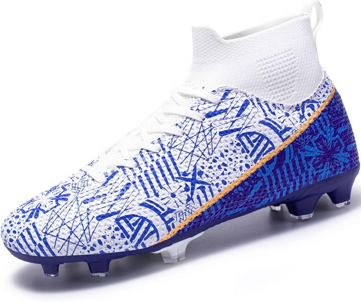 Hoog sluitende kindervoetbalschoen in wit en blauw, geschikt voor FG, AG en TF ondergronden. Professioneel ontwerp.