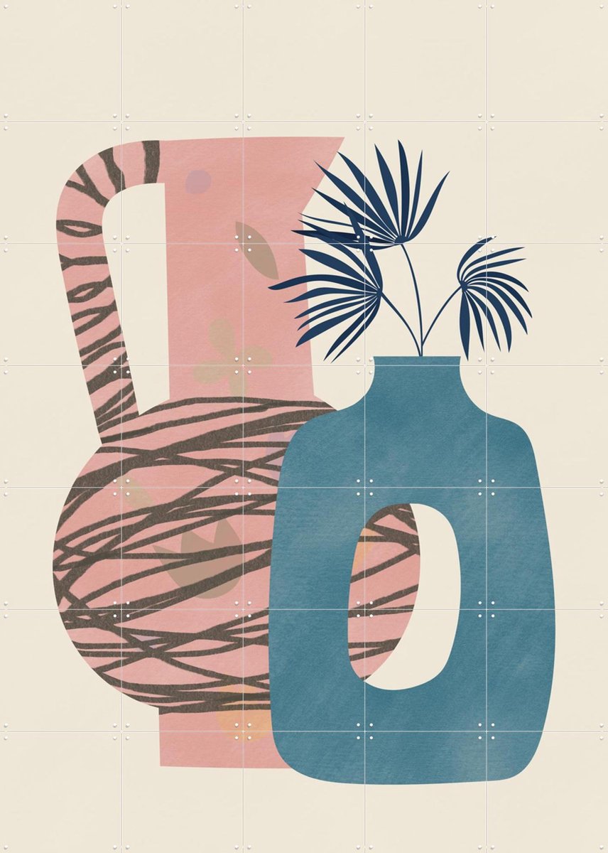 IXXI Still life with blue and pink vase, Little Dean & Various - 100 x 140 cm - Gratis ophangtool - Grote wanddecoratie en posters - Illustraties